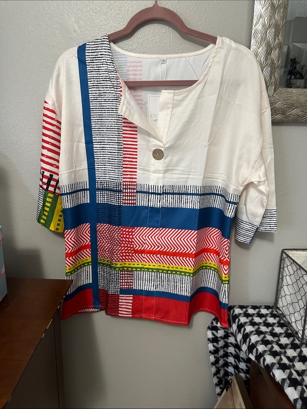 Cream Multicolor Geometric Button-Detail blouse NWT